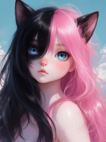 Very cute female half human cat woman, black and pink hair , blue eyes, beautiful background. Pouty


,an anime painting of a cat with long black and pink hair,pink cat,soft pastel,kittenish,fantasy p