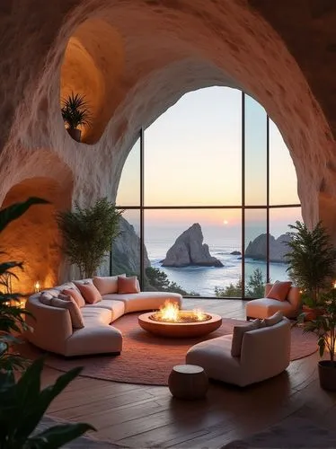 A photo of the interior design, a living room in a cave house overlooking the ocean at sunset. The room features large windows with a view of the rocks and sea, cozy luxurious couches, a fire pit, war