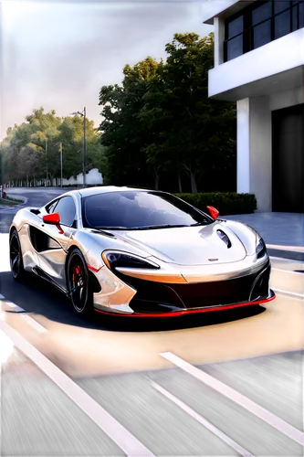 McLaren car, sports car, sleek design, shiny metallic body, black wheels, red brake calipers, low-angle shot, dramatic lighting, 3/4 composition, dynamic pose, motion blur effect, high-speed sense, as