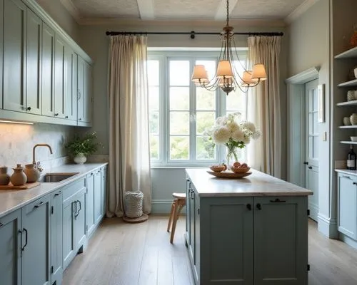 A serene indoor design emphasizing natural materials and a muted blue palette. The cabinetry in soft grey-blue tones is paired with rustic wooden flooring and a marble-textured island. A large window 
