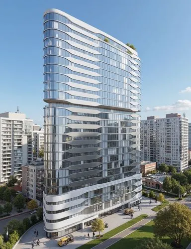 Modern winning award architectue, glass facade with white aluminium horizontal fins extruded to form the shadow, located in the hear of city, with big plaza in font, many people walking, nice ladnscap