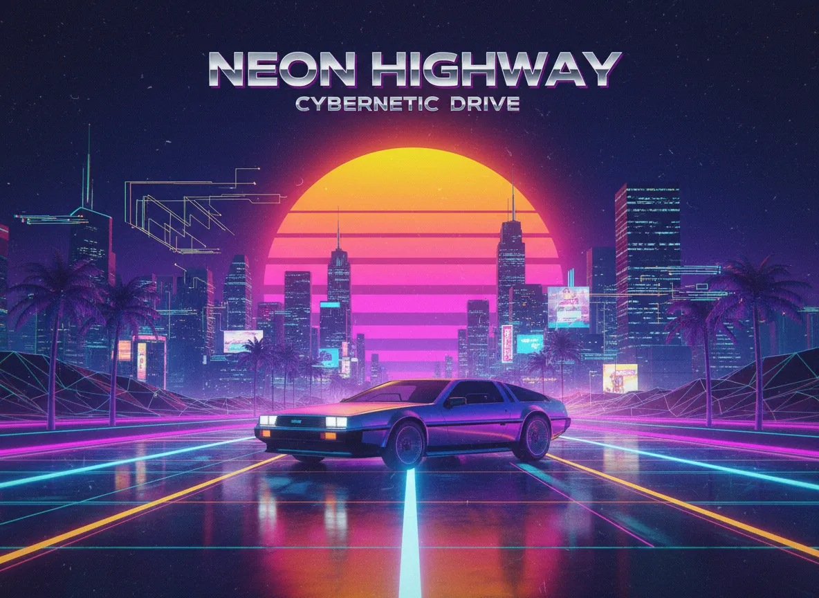 Ein Poster, das Cyberpunk-Elemente mit einem lebendigen Retrowave-Stil mischt und ein futuristisches Sportauto zeigt, das auf einen Neon-Sonnenuntergang zufährt.