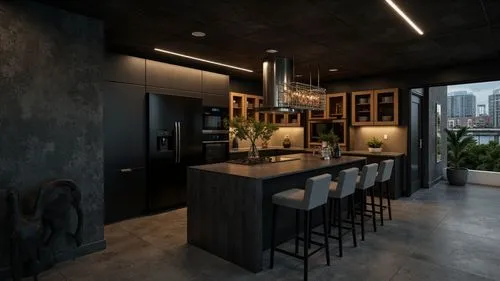 An industrial-themed black kitchen featuring concrete walls, wooden elements, and pendant lighting, with a minimalist and moody atmosphere.,this kitchen has black walls and granite flooring,modern kit