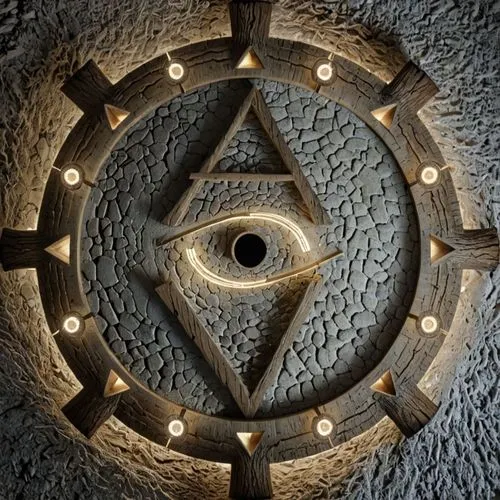 an artistic circular arrangement of lights adorns the wall,esoteric symbol,all seeing eye,hexagram,masonic,pentacle,masons,triad,medallion,engrams,circular star shield,amulet,the eyes of god,servitor,