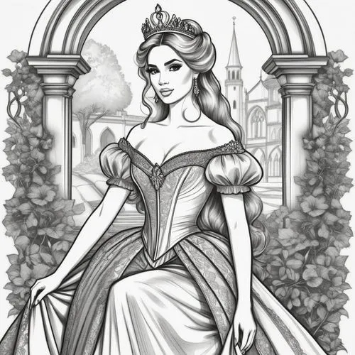 A beautiful, elegant woman with long, wavy brown hair, wearing a stunning, off-the-shoulder, silver corseted dress with puffed sleeves and a flowing skirt. she is seated in the middle of the image, wi