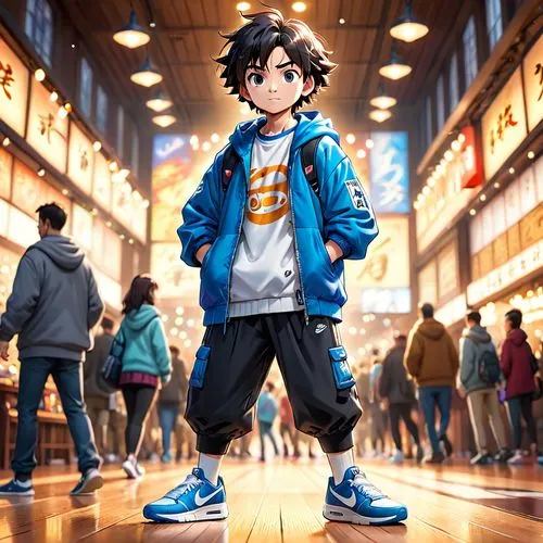 japanese style, manga, realistic,nike,the boy in the blue jacket stands in front of a group of people in a crowded market,anime japanese clothing,cene,son goku,heiji,katsuyuki,takato,Anime,Anime,Carto