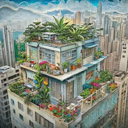 Generate a bird's eye view detailed water color illustration, a view above the dynamic cityscape of Hong Kong. Place the spotlight on a distinctive 'Slum style-Tin Toy House' standing out among the su