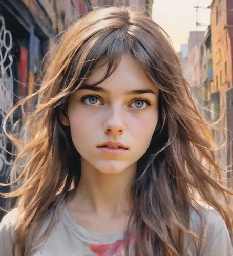 inquisitive expression, wide eyes, open long hair, casual outfit, jeans, medium buxom, "MOTÖRHEAD" t-shirt, sneakers, running pose, urban alleyway, graffiti walls, trash cans, dim lighting, evening at