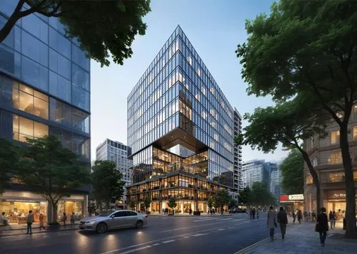 City, Commercial buildings,people are walking down the street as a building is in the background,hongdan center,sanlitun,gronkjaer,omotesando,capitaland,arkitekter,glass facade,mvrdv,multistoreyed,shi