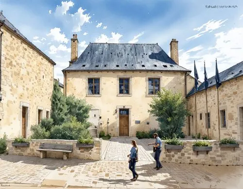 Transform this sketch of Rathaus von La Bacconiere into an illustration, Verändere die Architektur und den Blickwinkel nicht.,two people standing on the outside of a stone house,the cobbled streets,ch