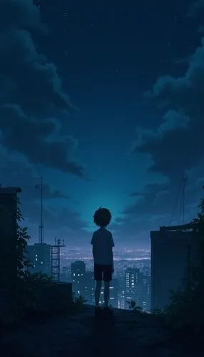 A dark, moody anime scene depicting a shadowy cityscape under a starry sky, reminiscent of Makoto Shinkai's style. A lone figure stands on a rooftop, gazing at the distant city lights that fade into t