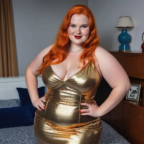 full body shot, 22 years young bbw woman, very big boobed, slim waisted. she has a beautiful round face with freckles and blue eyes. she has extremely long bright orange coloured hair. red lipstick. s