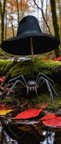 Creepy spiders, 5-6 eyes, thin legs, shiny black body, water hat, white sail, red ribbon, sitting, standing, crawling, forest floor, near a stream, autumn leaves, moss, tree roots, low-angle shot, nat