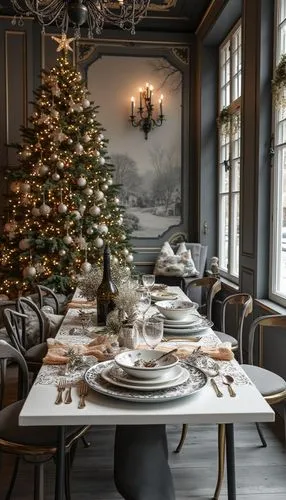 A cultural Christmas wallpaper featuring festive table settings, styled with monochrome tones, evoking a festive and cheerful atmosphere.,a dining room set up for christmas time with a christmas tree,