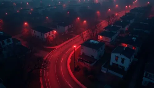 halloween random scene from horror movie,the city at night with bright lights shining on houses,red light,citylights,redshift,street lights,city lights,lumieres