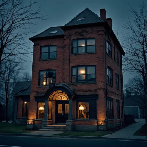 spooky and intimidating headquarters ,a red brick house on a residential street,old town house,historic building,the haunted house,rectory,apartment house,brownstones,knight house,creepy house,night p