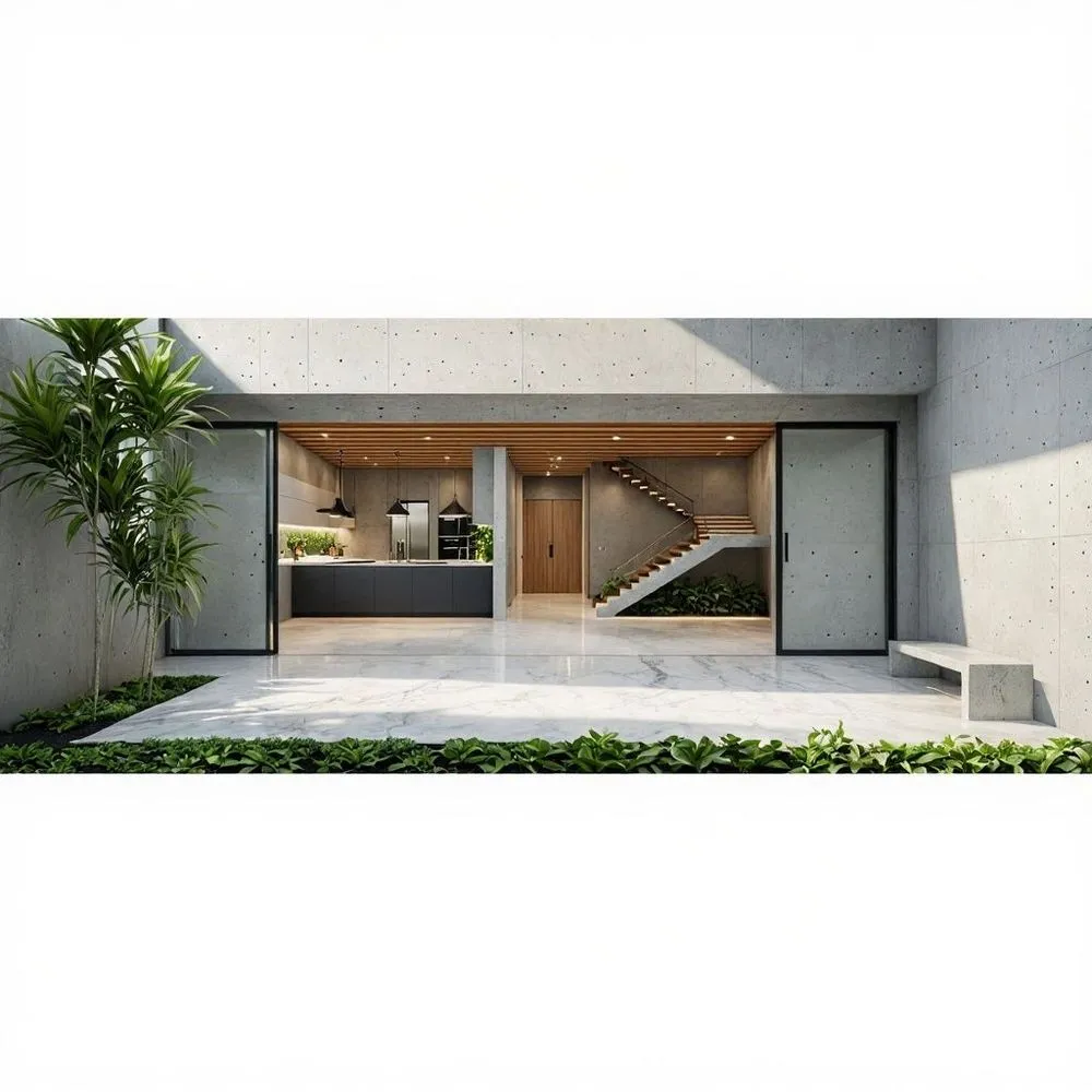 the building is made of concrete and has a front door open