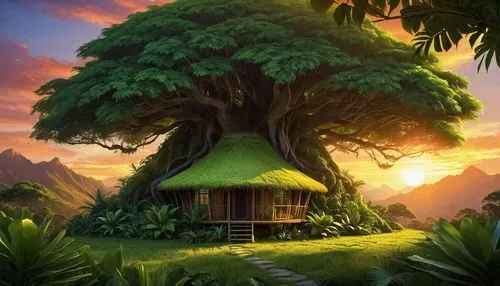 the beautiful tree house is surrounded by greenery,tree house,tropical tree,tree house hotel,cartoon video game background,tropical house,tropical forest,tropical island,world digital painting,fairy h