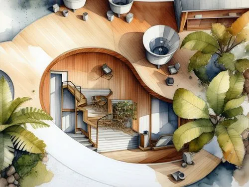 a rendering of a home from above with trees,tree house,karchner,tree house hotel,earthship,treehouses,treehouse,habitaciones,inhabitation,watercolor tea shop,inverted cottage,houseboat,holiday home,sk