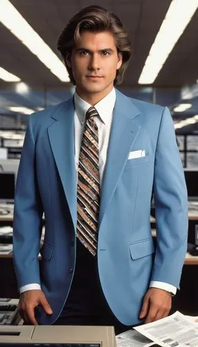 The image transports viewers to the dynamic tech scene of the 1980s, specifically depicting a software distributor's environment during that era. In the foreground stands a young professional exuding 