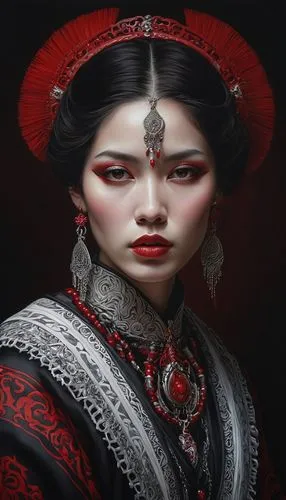 A woman with a porcelain skin, like complexion, adorned with intricate red and white tattoos, stares directly at the viewer. Her eyes are a deep crimson, and her lips are painted a soft red. She wears