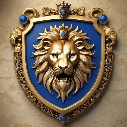 Noble family crest, gold and blue colors, shield shape, intricate design, lion's head, crown on top, crossed swords behind, Latin motto "Fortis et Fidelis" at bottom, luxurious frame, ornate details, 