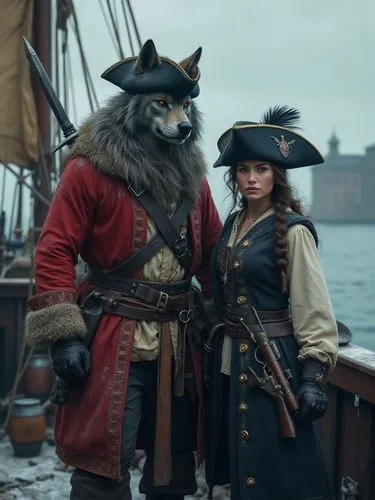Two ultra-realistic, 4K pirates in their late twenties, native Poles, stand aboard a creaking wooden ship on the icy Baltic Sea under a stormy gray sky. The man, an imposing animal-human hybrid, has a