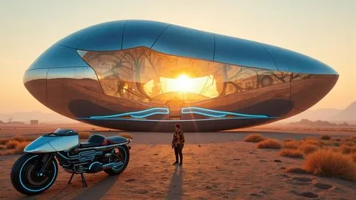 the person is standing next to the motorcycle,futuristic landscape,airship,teardrop camper,airships,futuristic art museum,sky space concept,gyroscopic,burning man,futuristic,space ship,futuristic car,