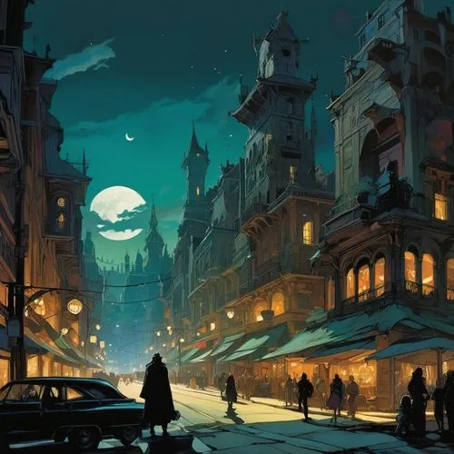 fantasy city,night scene,sci fiction illustration,gas lamp,hamelin,ancient city,city scape,evening atmosphere,city at night,lamplighter,evening city,cityscape,transistor,concept art,street lamps,world
