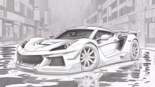 Style: Design Sketch-Detailed Outline,a sketch of a sports car driving through the rain,exige,lotus art drawing,gumpert,gricar,car drawing,odt,sports car,porsche 918,viper gts,hamann,audi r8,veyron,ta