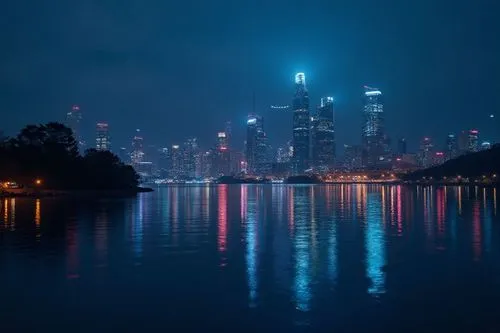 Close shot of the Night view of a modernized city on the shores of a lake. The lights of the buildings there are reflected in the water of the lake very clearly. Ultra realistic high quality, 8k image