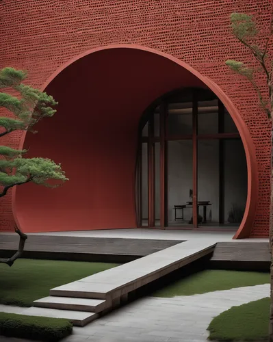 interior of an architectural building of (Song dynasty:1.2), red walls, silk decor, (Tadao Ando style: 1.3),  inspired by Zha Shibiao, conceptual art, rammed earth courtyard, buddhist architecture, du
