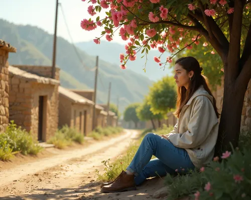 young woman sitting under a tree on the side of a street,promisor,himachal,primaloft,promyamyai,prenatally,promotrice