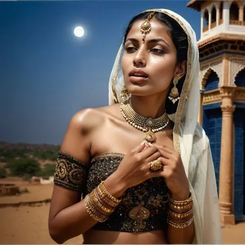 a woman is standing outside in a saree and matching jewelry,sari,rani,maharani,ethnic dancer,begum,maharaja,girl in a historic way,bridal jewelry,subcontinent,ethnic design,cultural heritage,devotee,m