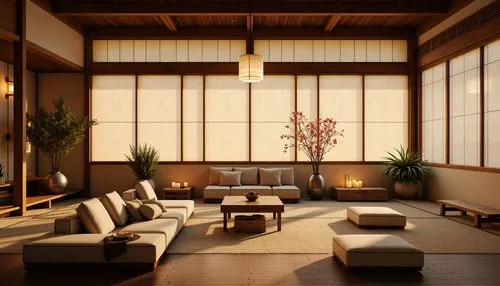Traditional Japanese shoji screens, warm paper lanterns, soft diffused lighting, gentle candlelight, natural textiles, woven bamboo furniture, low-seating tatami mats, sliding rice paper doors, minima