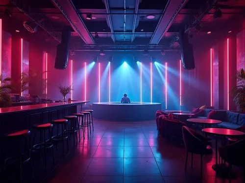 Vibrant nightlife atmosphere, dark tone color scheme, neon lights, strobe effects, DJ booth, dance floor, bar counter, stools, VIP lounge areas, plush couches, metallic accents, glossy finishes, dimma