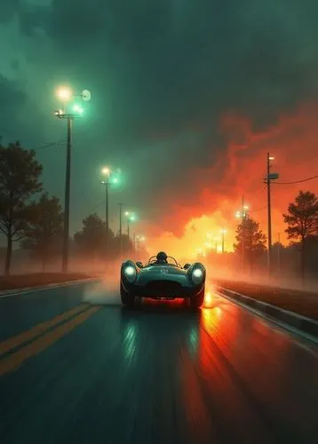 a car driving through a foggy road in the dark,racing road,night highway,car wallpapers,speedster,asphalt road,drive,open road,ford gt 2020,running car,highway lights,fast car,the road,automobile race