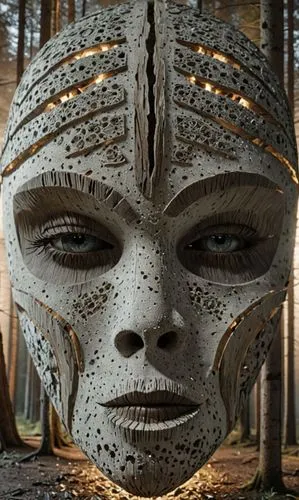 a woman that is standing in the woods,wooden mask,totem,shaman,shamanic,stone sculpture,guardian,skull statue,primitive man,stone man,mask,tribal,hanging mask,stone statue,shamanism,totemic,masquerade