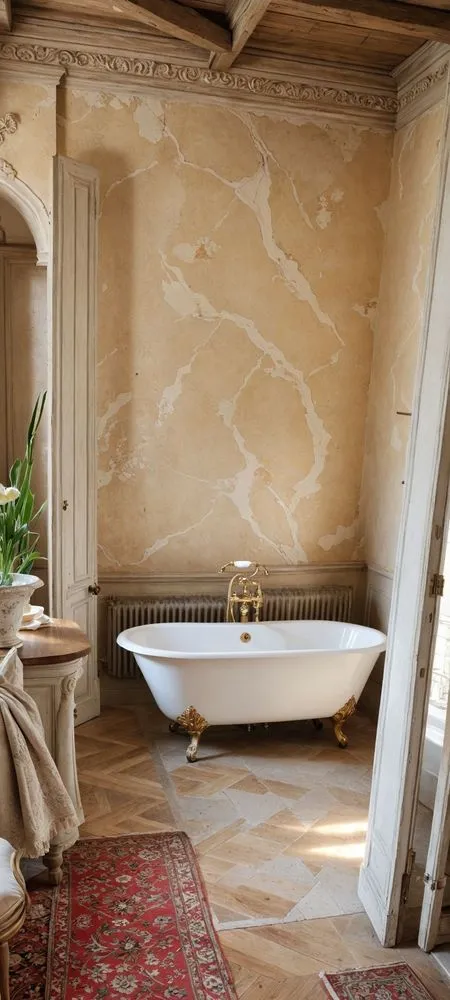 a bathtub sitting in a bedroom with an antique style rug