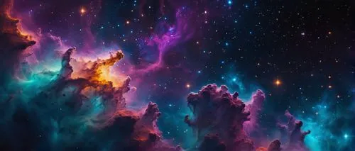 space, mistery, huge Nebula in the Deep Dark Space, vibrant colors, galaxies, high contrast, vivid colors, wallpaper, masterpiece, 4k, purple, yellow, orange, teal, glow, bright,a very colorful image 