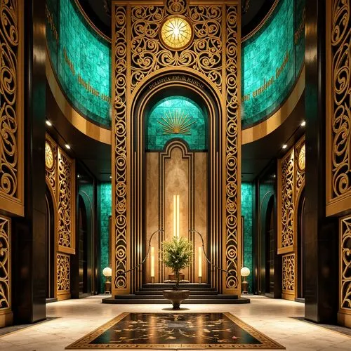 Opulent Art Deco monument, lavish golden accents, rich bronze tones, vibrant turquoise mosaics, geometric patterns, ornate metalwork, luxurious marble surfaces, bold black outlines, stylized floral mo
