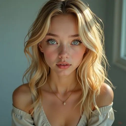 Low-key photographic euphoria, extremely beautiful woman, messy long blonde hair, looking directly at the camera, big round eyes, blue eyes, UHD, 8K, masterpiece, perfect teeth, jeans shorts, full bod
