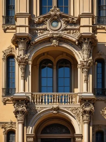 Grand, luxurious, Baroque-style architectural header, intricately carved stone, ornate moldings, golden accents, majestic columns, ornamental balconies, stained glass windows, detailed stonework, symm