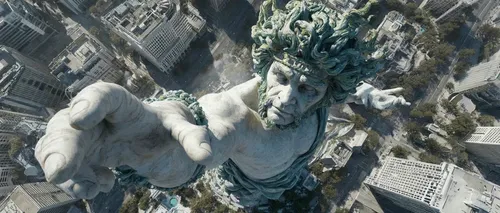 The camera moves downward at high speed in a top - down shot. From a first - person perspective, it dives at high speed. It starts to spiral downward from above around the central statue. After passin