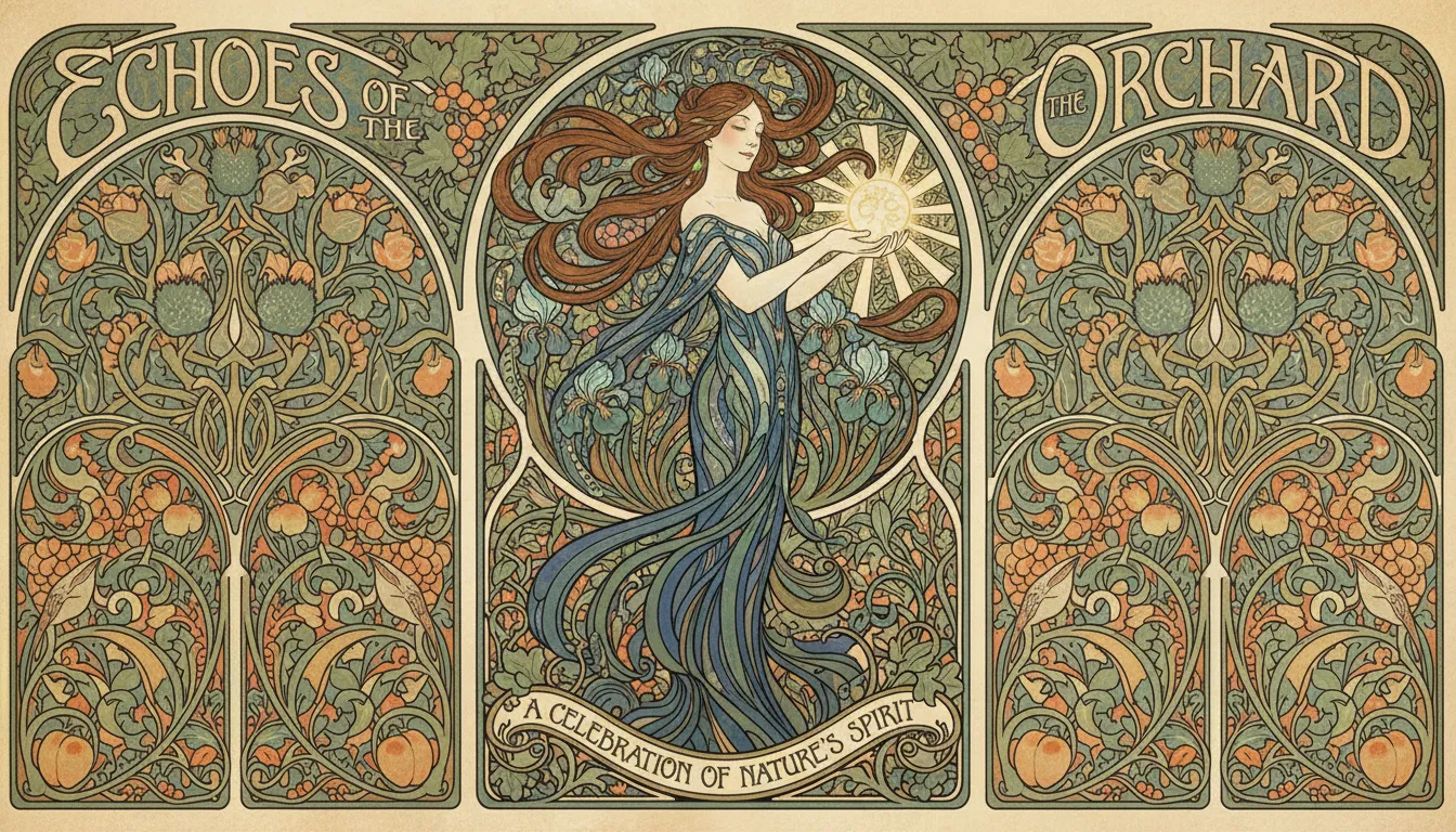 Un manifesto in stile Art Nouveau molto dettagliato, generato dall'IA, con una donna stilizzata circondata da intricati motivi floreali e una tipografia elegante.