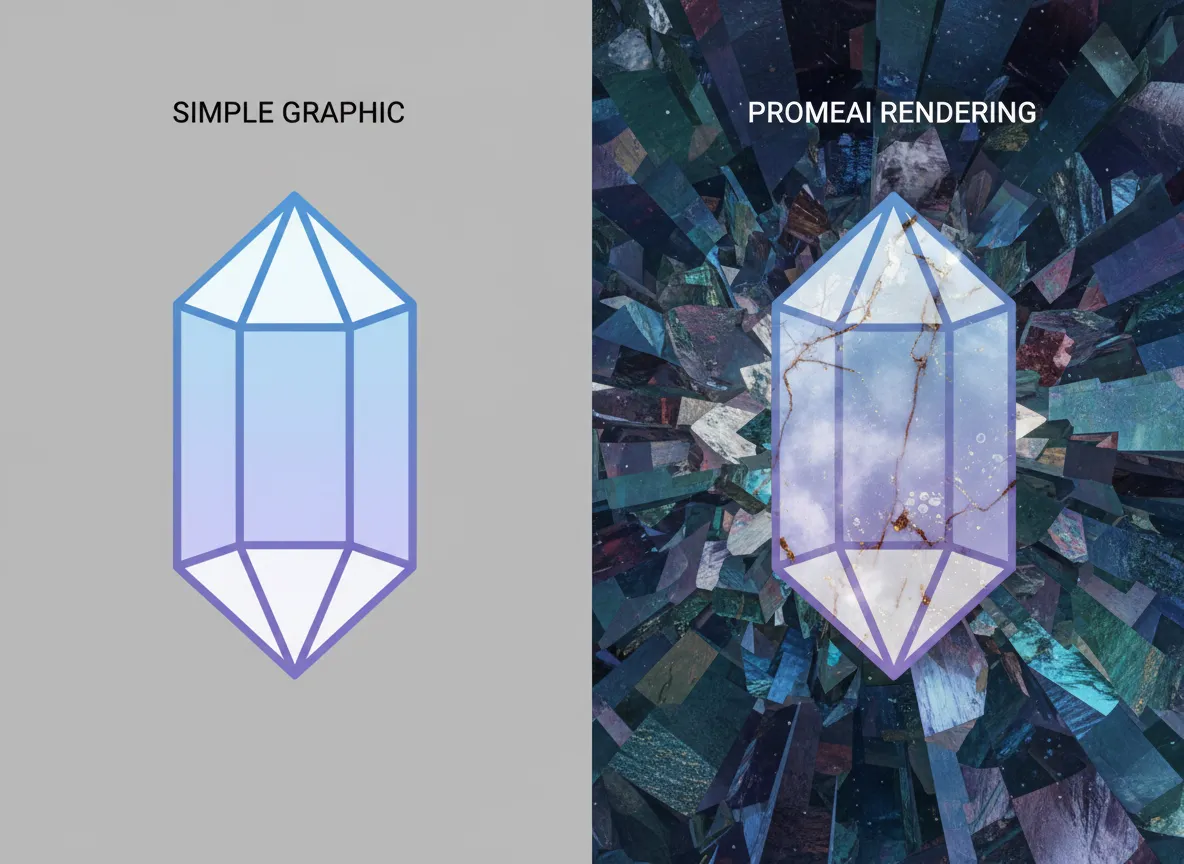Confronto affiancato che mostra una semplice grafica di cristallo rispetto a un rendering di PromeAI con uno sfondo dettagliato con texture di cristallo e inclusioni minerali.