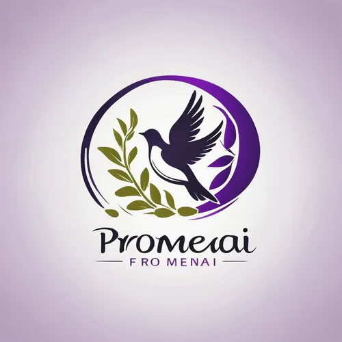 simple Logo for Promeai on the theme of dove with olive branch, beautiful with purple accent, with text "promeai",proa,medical logo,proclaim,logodesign,promontory,social logo,company logo,grower roman