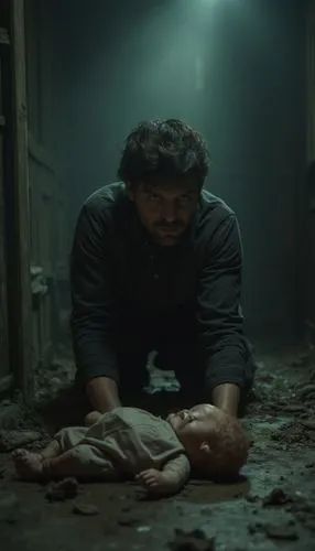 The climactic scene: the traveler kneeling on the floor of the haunted house, visibly losing his sanity. His eyes are wide with madness, and the creepy doll lies next to him, its head tilted slightly 