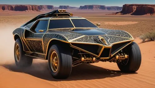 an elaborate vehicle on the desert in front of mountains,deserticola,desert run,motorstorm,off-road outlaw,off-road car,scarab,mad max,dakar rally,aztek,game car,beach buggy,champcar,sandero,volkswage