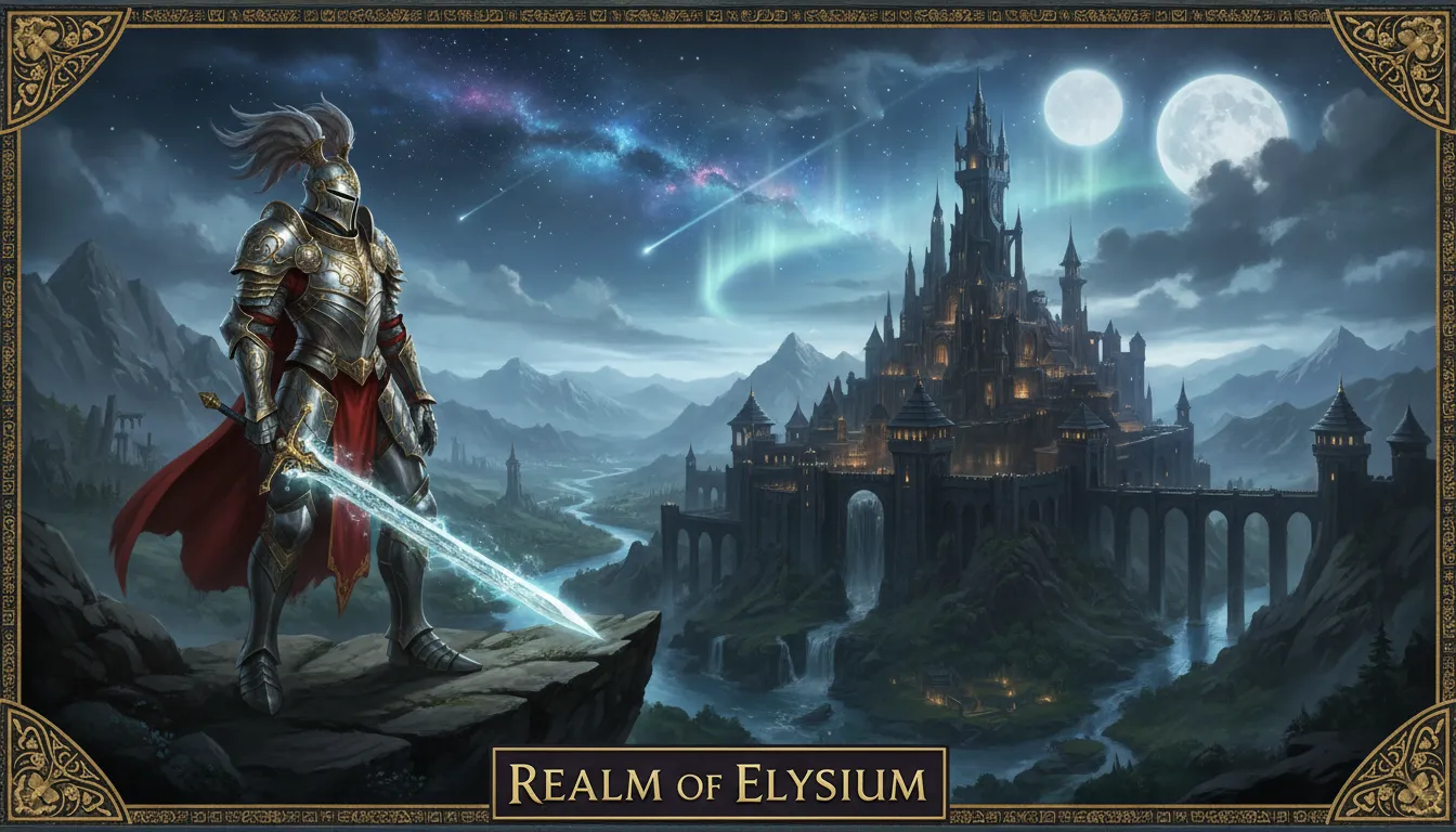 Uno splendido manifesto High Fantasy creato con l'IA, che mostra un cavaliere in un'ornata armatura d'argento che osserva un epico paesaggio con un castello sotto un cielo stellato.